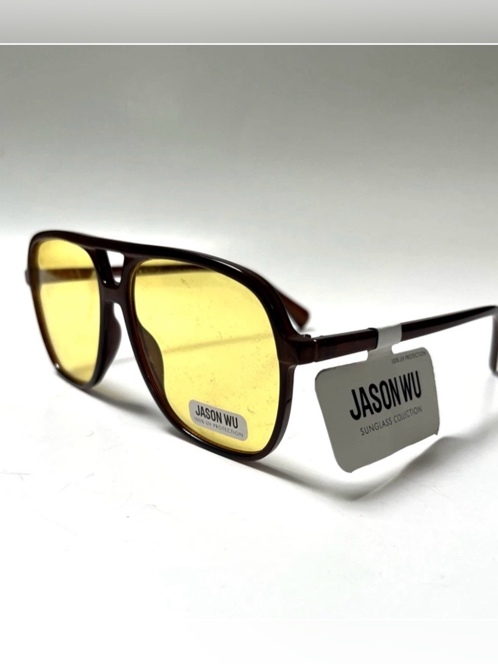 NWT JASON WU Double Bridge Aviator Sunglasses Black Frame Yellow Lens
